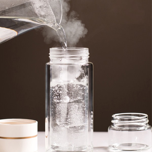 IC Dobbeltlags Glas Te Kande med Infusionsfilter Bærbar Te Kande til Løse Blade Te Rejse Kande med Si Temug til Dobbelt Brug - Grå