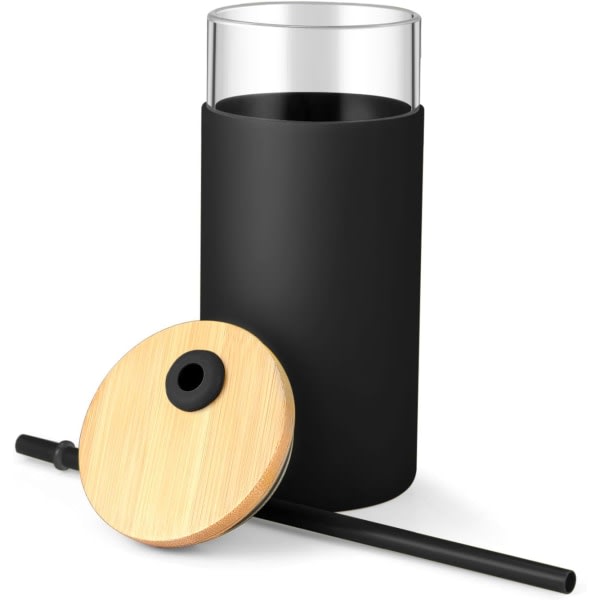IC 20 oz glasglas glas vandflaska halm silikon beskyttelseshylsa bambu lås - BPA fri - sort