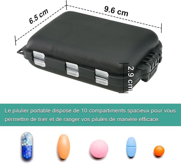 Pilleboks, reise medisinboks med 10 rom, mini tablettboks, pilleboks (svart)