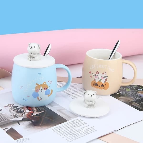Kattmugg, söt keramisk kaffemugg, med 3D kattformat lock och sked 8,8x8,2cm (blå)