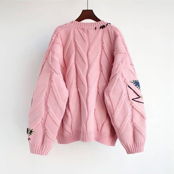 Stickad kofta med broderi för kvinnor, V-ringad design Pink