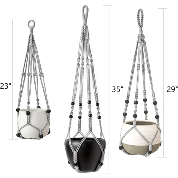 3-pack makrame-växthängare i bomullsrep med pärlor för inomhus- och utomhusbruk, heminredning, grå 58 73 89 cm Grå