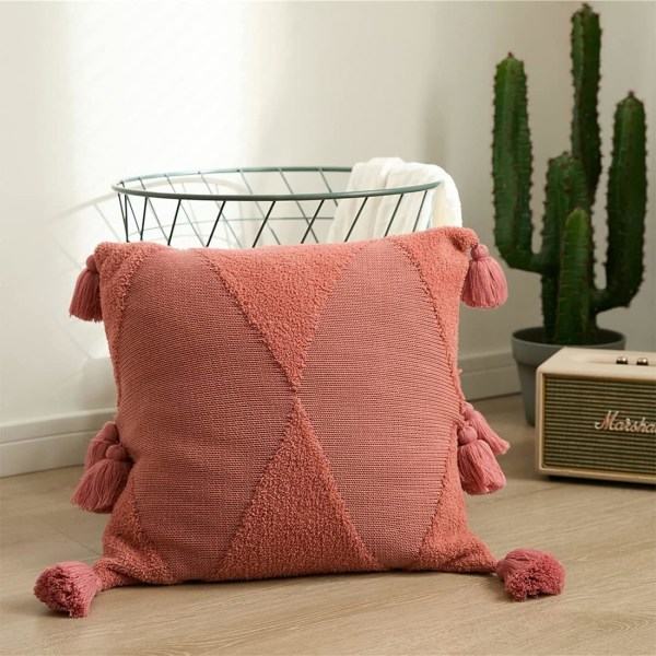 IC Blødt Tuftet Strikket Pudebetræk med Kvaster Firkantede Pudebetræk Pudebetræk til Stue Sofa Sofa Soveværelsesindretning (Rosa, 18\"x18\")