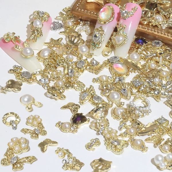 IC 50 stk guld negleberlocker til akrylnegle, bland stilarter glitrende perle legering negle strass Blomst Sommerfugl Hjerte Stjerne Charms