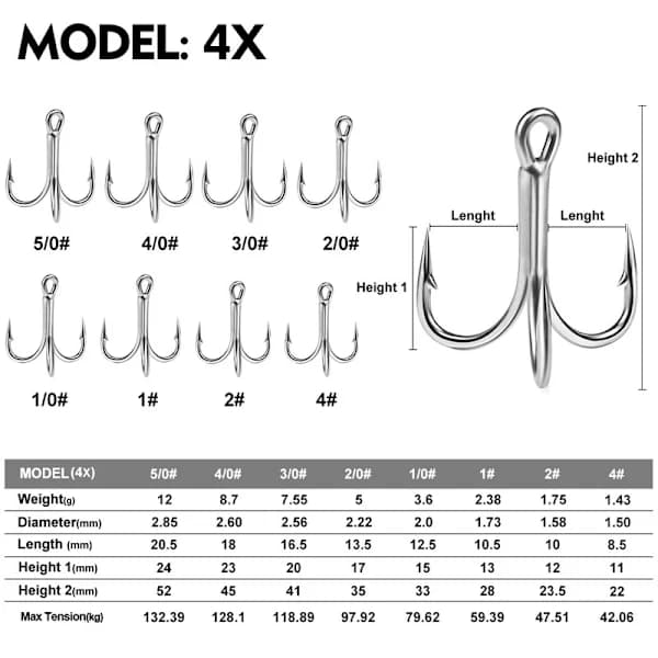 4x-Strong Treble Fishing Hooks Size 4#-5/0 Sharp Round Bend for Lures 20pcs 4# 20pcs 4#