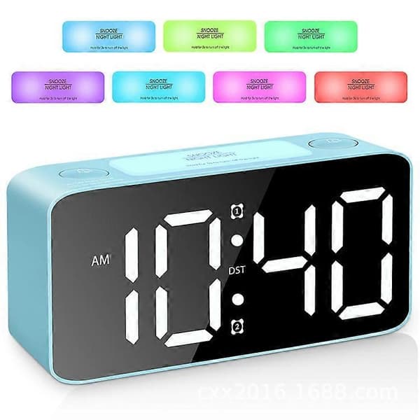 Digital väckarklocka med extra högt dubbellarm RGB-display nattlampa för djupsövare sovrum ljusblå LightBlue