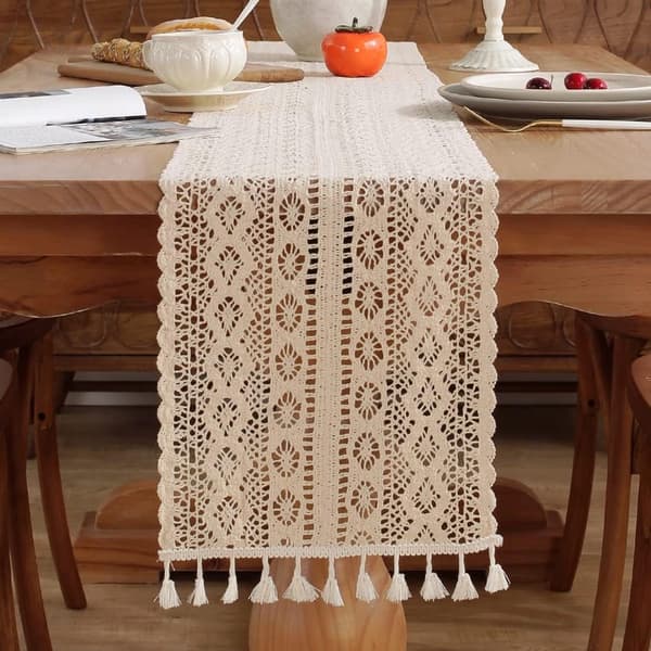 Heklet blondebordløper, bomull og lin med dusker, boho rustikk dekor til bryllup og brudeselskap, 120 x 24 cm
