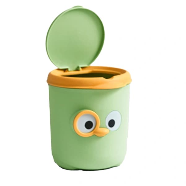 Mini Trash Can with Lid Cute Cartoon Design Plastic Desktop Waste Bin for Table Bedside Office Green