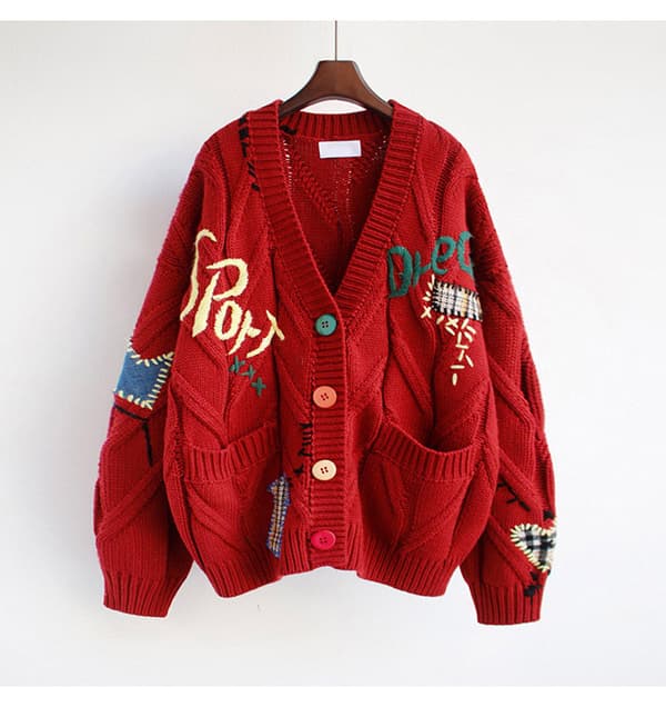 Brodert strikket cardigan for kvinner med V-hals red
