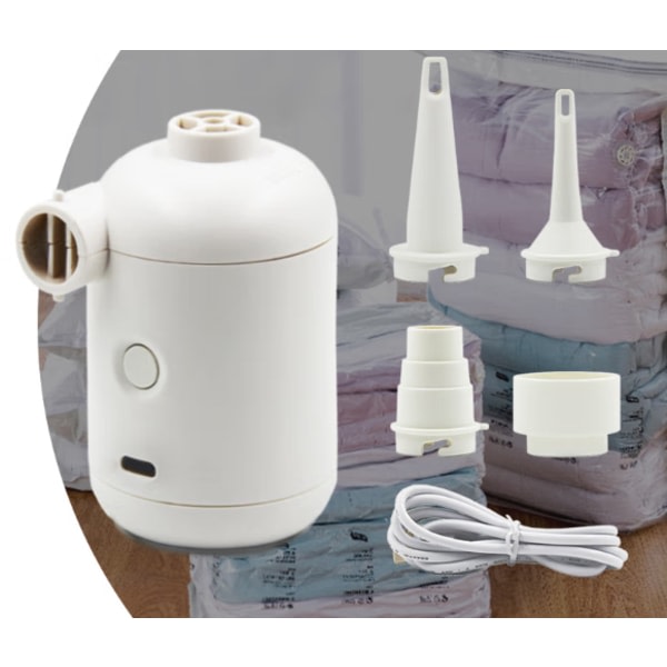 IC Vit minisähköpumppu, USB bärbar camping sähköinen luftpumpar, snabb uppblåsning och tömning, 3 munstycken för luftpoolleksaker