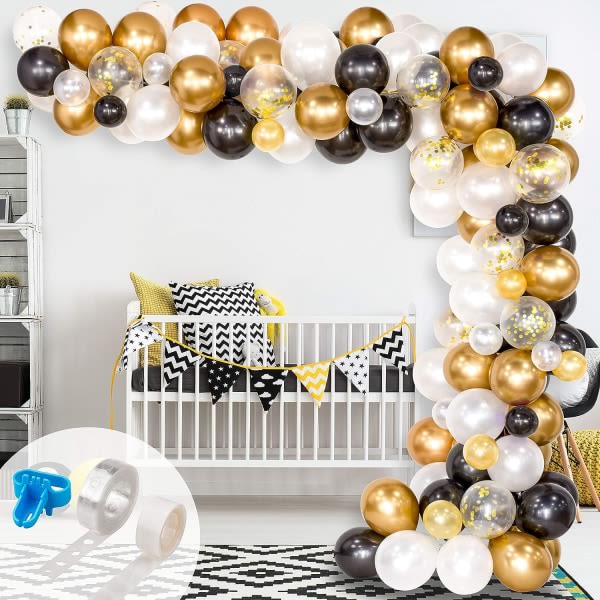 IC Ballongbåge- og kranssats, 120 st svart, vit, guldkonfetti og metalllatexballonger med 1 st bindverktøy, ballongremsa