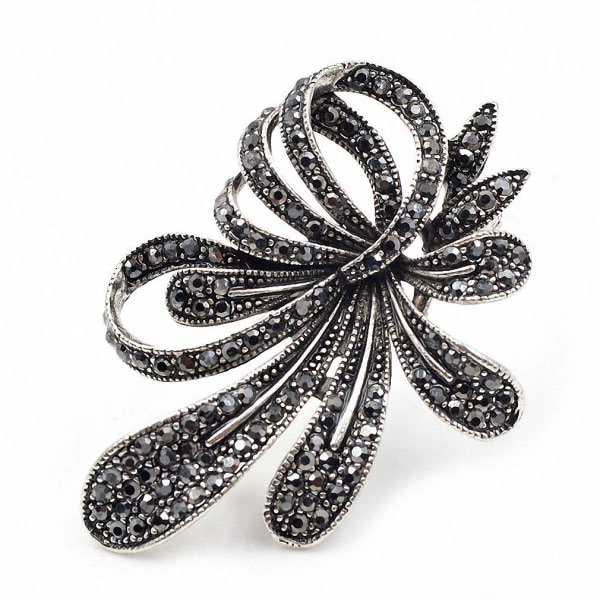 IC CNE Rhinestone Sort Blomst Brosche Dam Vintage
