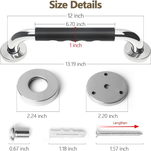 IC 2-pak støttegreb til badeværelse, 12 tommer antislip handicapgreb til badeværelse til brusebad, sikkerhedskar og brusegreb til seniorer