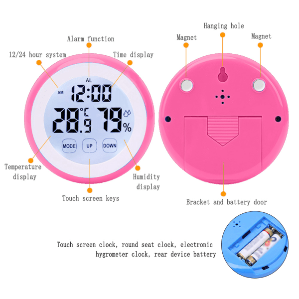 IG Berøringsskjerm Vekkerklokke, Rund Skjerm Elektronisk Hygrometer Rosa
