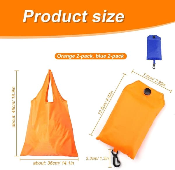 4-pak sammenklappelige genanvendelige indkøbsposer med etui, rivefast polyester-indkøbstaske til camping, strand og rejser, blå og orange