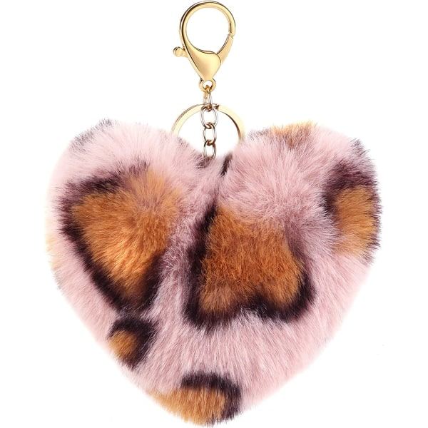 Fluffig nyckelring Mjuk plysch hjärtformad berlock, leopardrosa