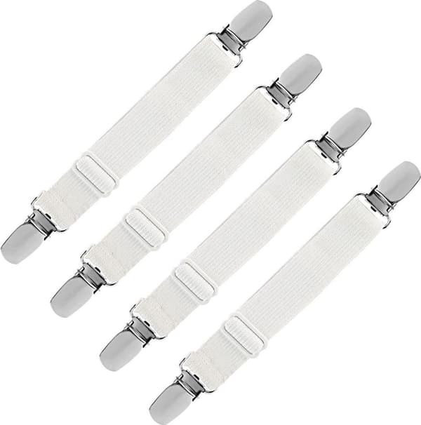 Strykbrädsöverdragsremmar med metallklämmor, 4-pack justerbara elastiska fästen för lakan och dukar, vit
