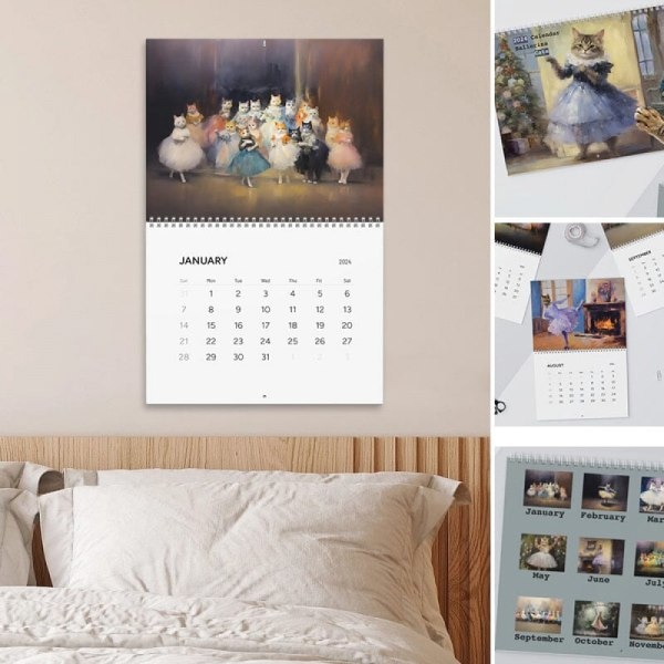 2024 Søt Ballerina Katt Veggkalender - Elegante og morsomme kattkalendere for kontor og hjem - Tykt og robust papir Blå Katt