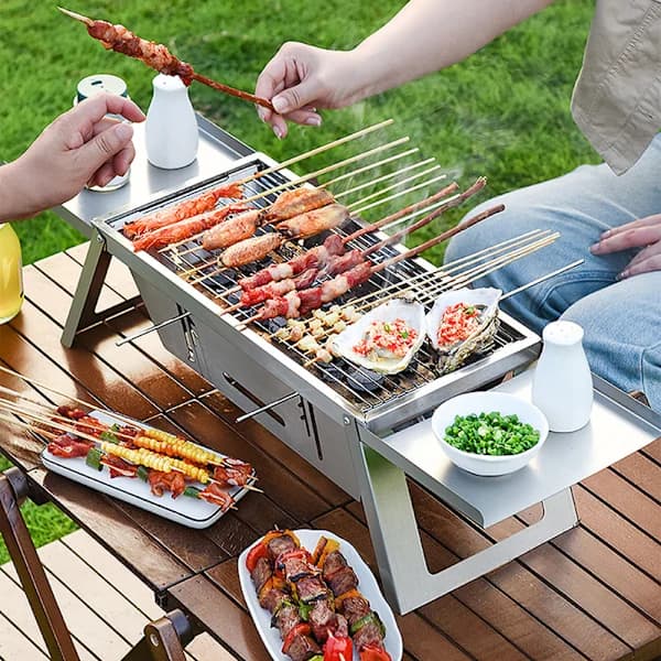 Bærbar sammenklappelig kulgrill i rustfrit stål med stor stegeflade til camping, picnic, baghave, standard standard