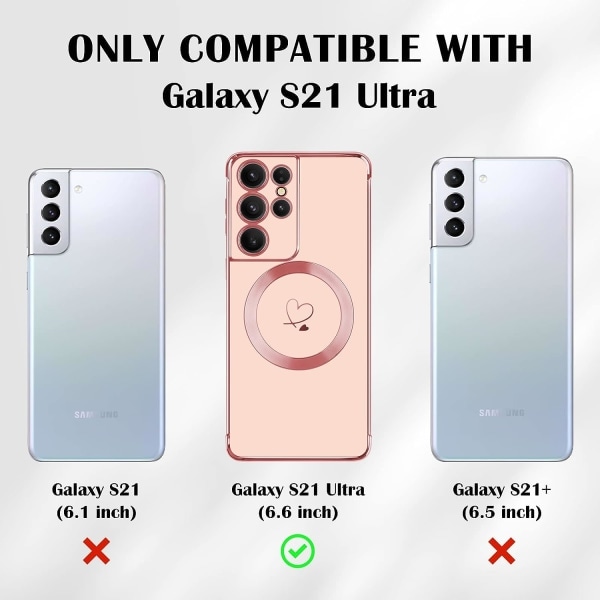 IC-kotelo Samsung Galaxy S21 Ultra 5G MagSafe:lle, tytöt ja naiset söpö sydänkuvioinen pinnoitus Samsung Galaxy S23 Ultra - Musta