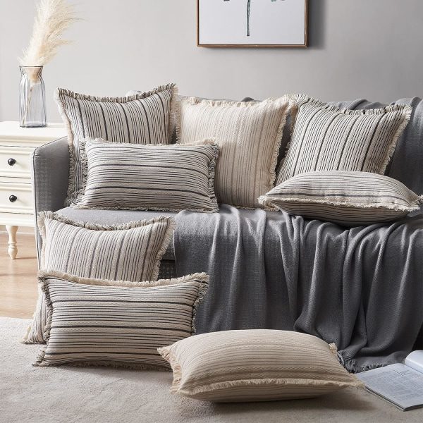 IC Moderne Landlig Dekorative Putetrekk 18x18 sett med 2, grå og beige striper teksturert trekk for sofa, Boho frynset
