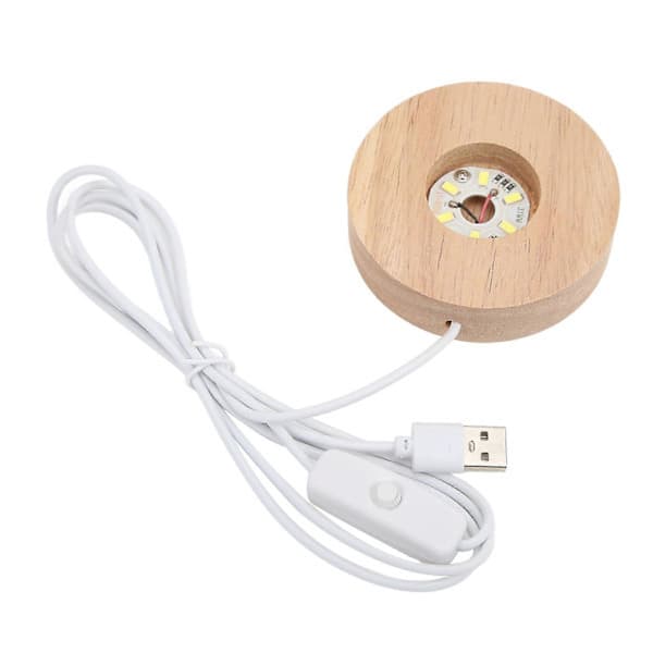 LED-lyssokkel USB Eik Tre Rund Displaylampe for Hjemmeinnredning Hvitt Lys 8cm x 2cm