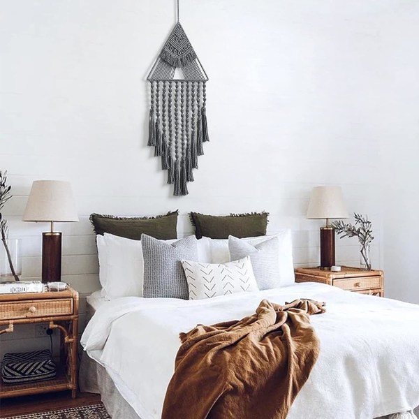 IC Makramé Vævet Væghængende Drømmfangere Trekant Tassel Geometrisk Kunst Boho Baggrund Boheme Hjemindretning Vægkunsthåndværk Smuk Lejlighed (Grå)