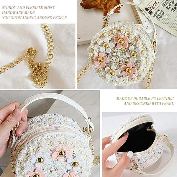 IC Pienet tytöt Toddler Crossbody-laukku helmi- ja kukkakoristeilla Mini Sööt Prinsessa Käsilaukut Olkahihna Ketju Laukku