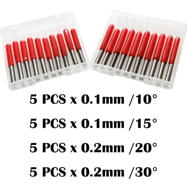 IC NOE 20 stk. graveringsbits 0,1 mm 0,2 mm CNC 3,175 mm 10° 1