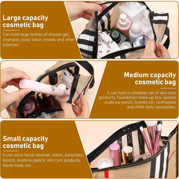 3-pack randig sminkväska Set Transparent vattentät organizer Multi organizer Dam och flickor Rutig sminkväska