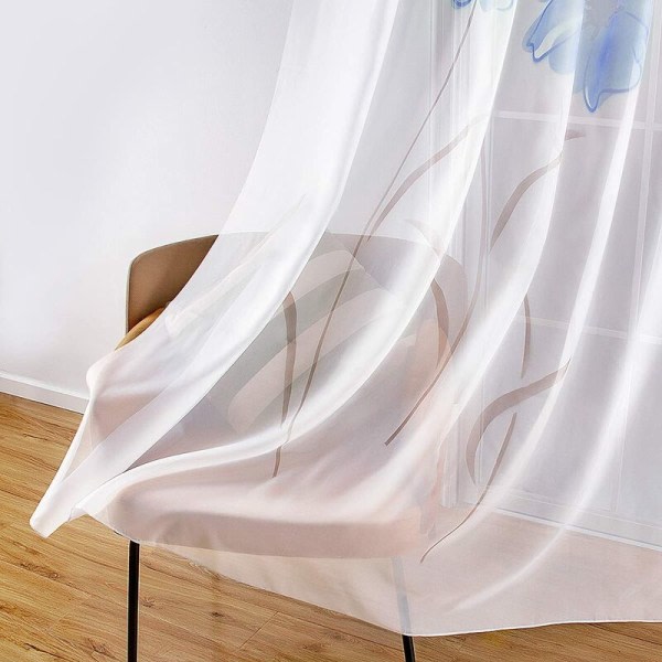 IC 2-pak blomstrede brodererede gennemsigtige Sheer gardiner til soveværelse, køkken, stue, 150cm×175cm, blå
