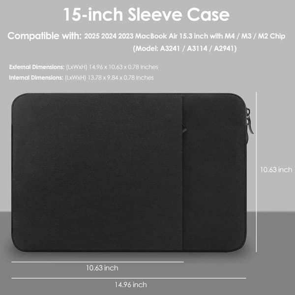 Laptopfodral för MacBook Air 15,3 tum M4 M3 M2 2023-2025, vattenavvisande polyesterväska med mockafoder och framficka, svart