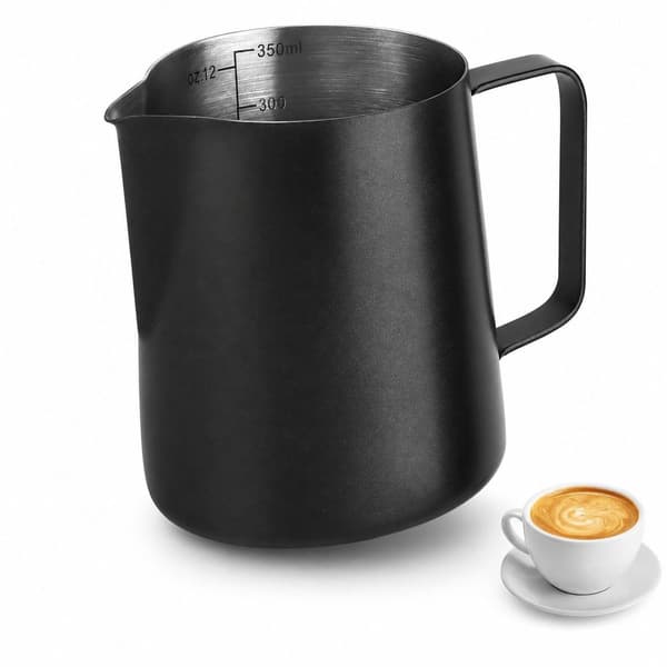 Mælkeskummerkande, 304 rustfrit stål med målemærker og Latte Art Pen, til Cappuccino og Latte Art, sort, 350 ml