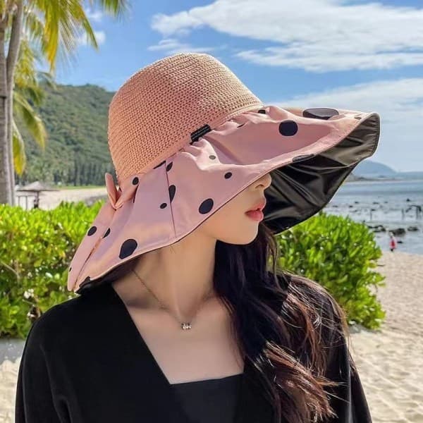IC Kvinners Solhatt Sommer Vinyl Kvinners Wave Dot Hollow Svart