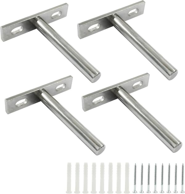 4 dolda flytande hyllkonsoler - 3 tum, stål, väggmontering - för flytande trähyllor - silver - 76 mm