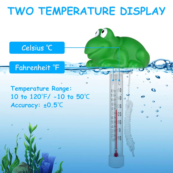 Flydende pooltermometer, pooltermometer, flydende termometer med snor, pooltermometer til udendørs/indendørs spabade, pools, badekar, akvarier, frø Frog