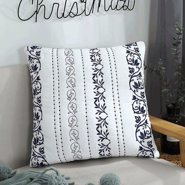 IC Bohemiskt broderat bomullsöverdrag för kudde Blommönster Supermjukt bekvämt Fyrkantigt case för bäddsoffa (blå, 18\"x18\")