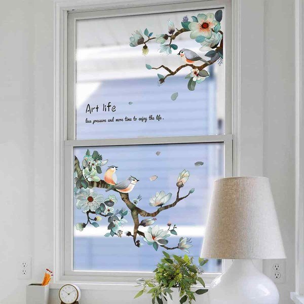 IC 2 set Fåglar på blommande grenar fönsterdekaler, avtagbar grön