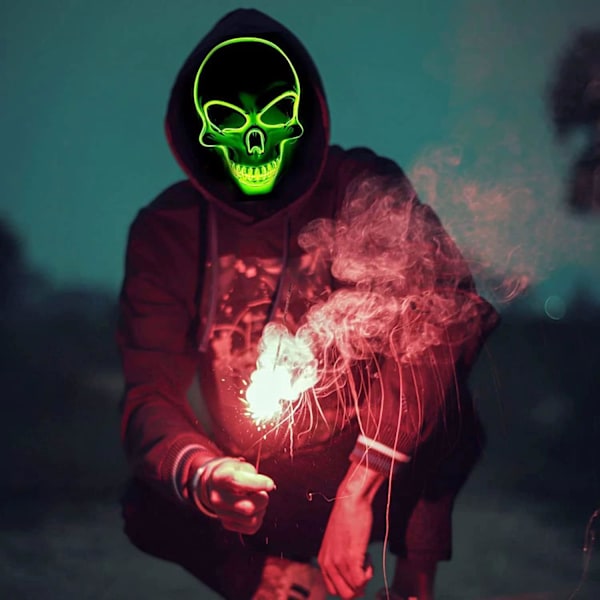 Halloween LED-maske, LED-skeletmaske, LED-rengøringsmasker, horrormaske, halloweenmaske, til karneval, halloween, cosplay og fester Green
