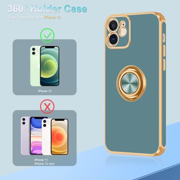 IC iPhone 12 etui, iPhone 12-etui med ringholder, [360° roterbar ringholder magnetisk holder], grå/guld