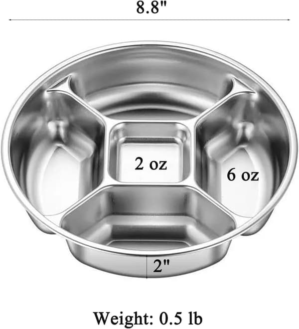 Serveringsbricka i rostfritt stål med 5 fack, diskmaskinssäker tallrik för portionskontroll, 22,4 cm, 2-pack