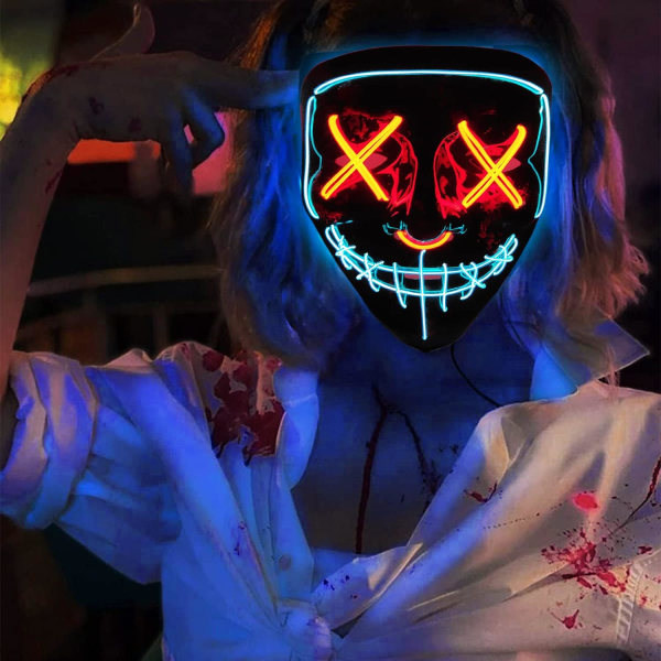 IC DWTECH LED Halloween-naamio - Valoisa naamio LED-naamio EL-johdin Pelottava naamio Sininen ja punainen a
