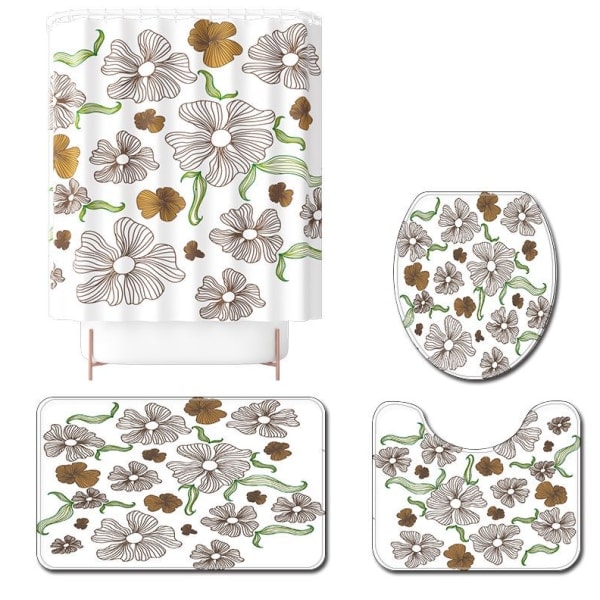 IC Liten serie av färska blommor tryck ros fyrdelad polyester duschdraperi toalett golvmatta, A9