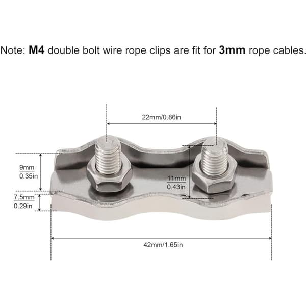 10 stk. M4 Duplex 2-stolpers kabelklemmer 304 rustfritt stål for 0,3 cm diameter dobbel bolt kabelklemme