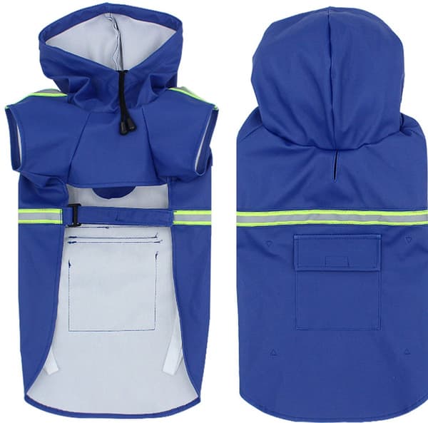 Vanntett regnfrakk til hund med hette og refleksstriper, ponchostil for mellomstore til store hunder, regnværsdager, blå, 5XL