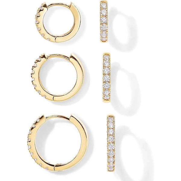 18K guldpläterad 925 sterlingsilverstift, 3 par små guldörhängen set | Mini brosk helix Huggie Hoop Pack för kvinnor män 8mm 10mm 12mm