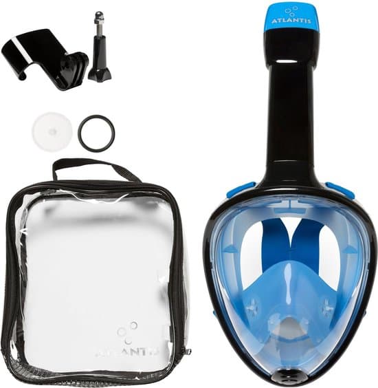 Atlantis Full Face Snorkelmaske med 180° panoramisk udsyn, anti-dug Dry Top-system & kameraholder til voksne, sort/blå L/XL