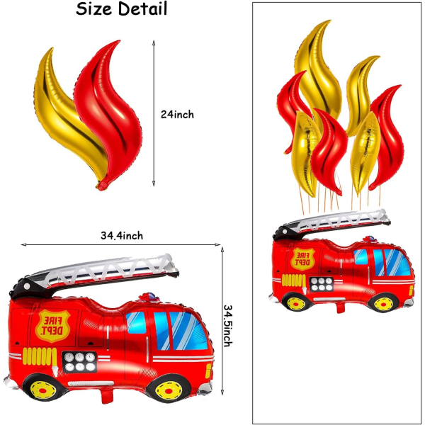 IC 12 st Brandbil Födelsedagsballonger 24 tum Guld Röd Brandfolieballonger Brandmansballong Stora Flameballonger Kurvfolieballongtillbehör