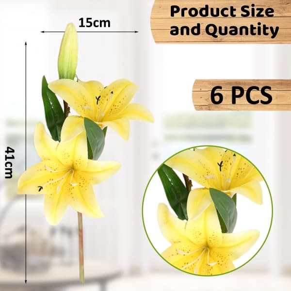 IC Pakke med 6 kunstige liljer, kunstige plastblomster, gul
