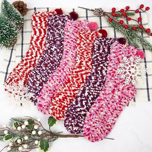 DIY Presentstrumpor för kvinnor, 3 par (röd, rosa, lila), plyschiga vintertofflor med presentförpackning